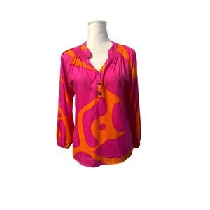 Escapada Women’s Bold Abstract Tunic Top Orange Pink Blouse sz Medium